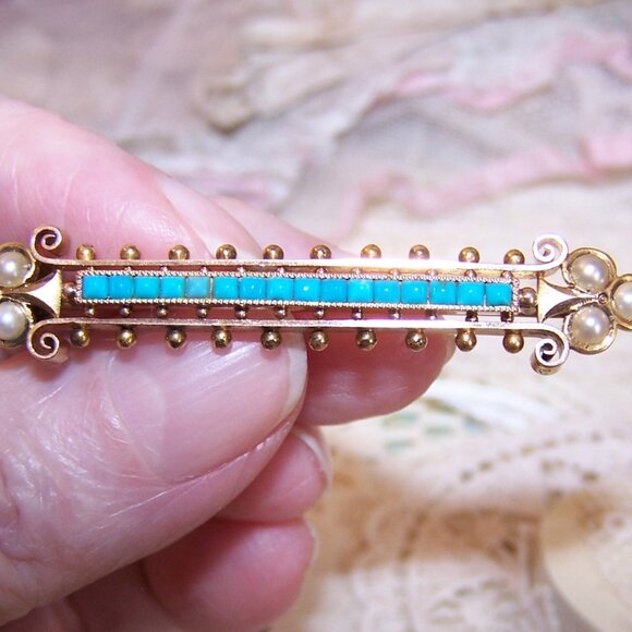 Antique Victorian 14K Gold Persian Turquoise Natural Pearl Etruscan Revival Pin - Picture 4 of 8